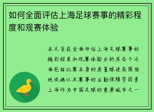 如何全面评估上海足球赛事的精彩程度和观赛体验