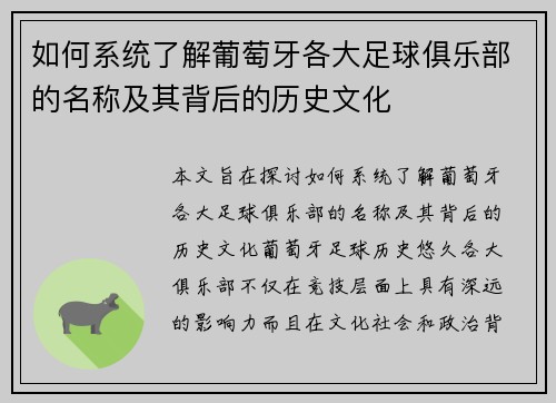 如何系统了解葡萄牙各大足球俱乐部的名称及其背后的历史文化